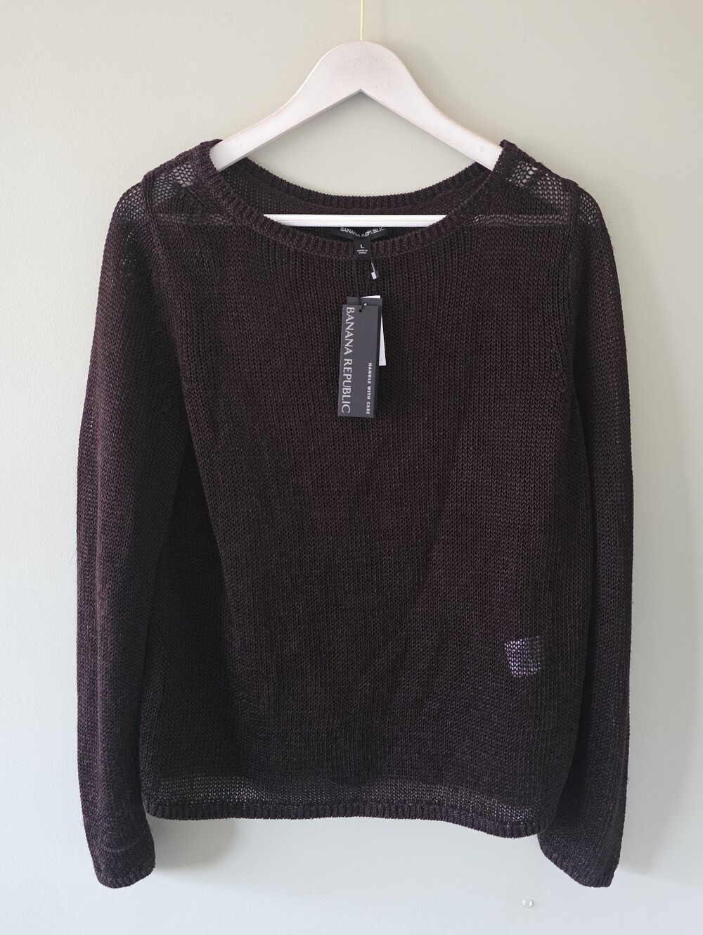 Banana Republic Rich Brown Linen Open Knit Sweater Size L Quiet Luxury Coastal
